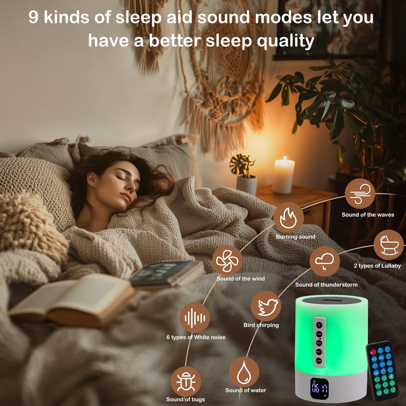 6-in-1 Smart-Nachttischlampe – Bluetooth Lautsprecher, Wecker & White Noise Machine