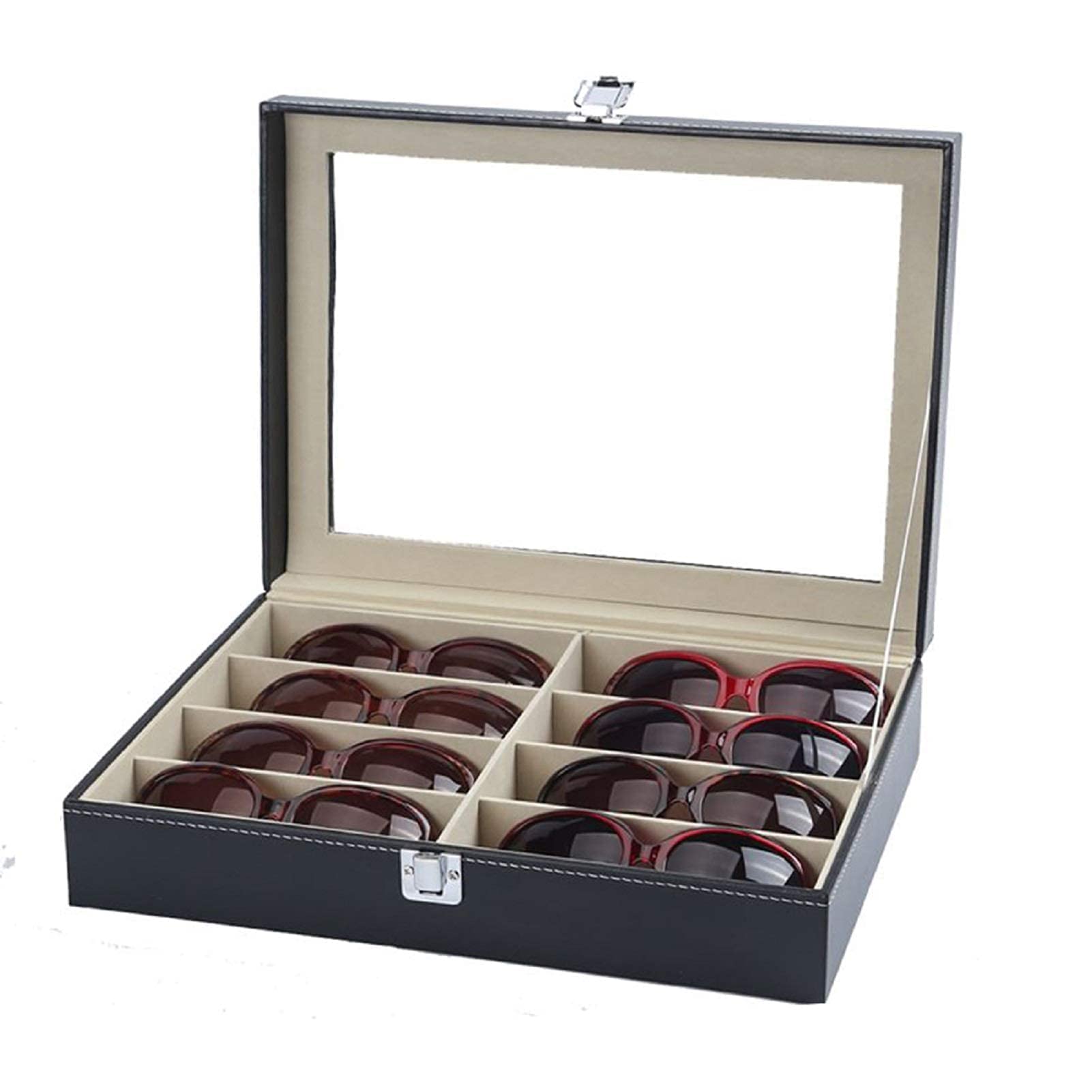 Premium Brillenbox mit 8 Fächern – Eleganter Organizer aus PU-Leder mit Sichtfenster