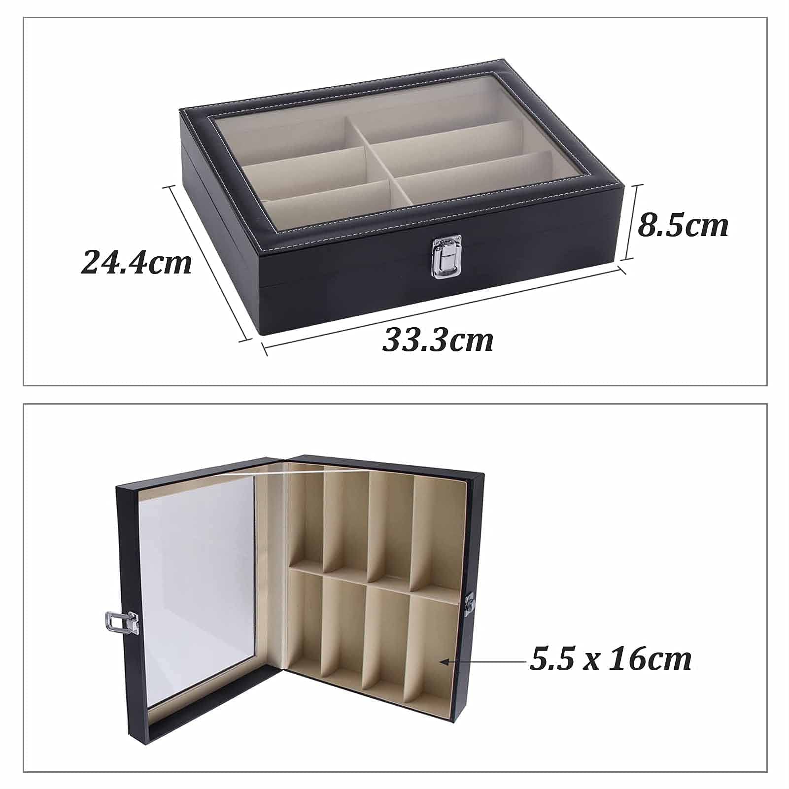 Premium Brillenbox mit 8 Fächern – Eleganter Organizer aus PU-Leder mit Sichtfenster