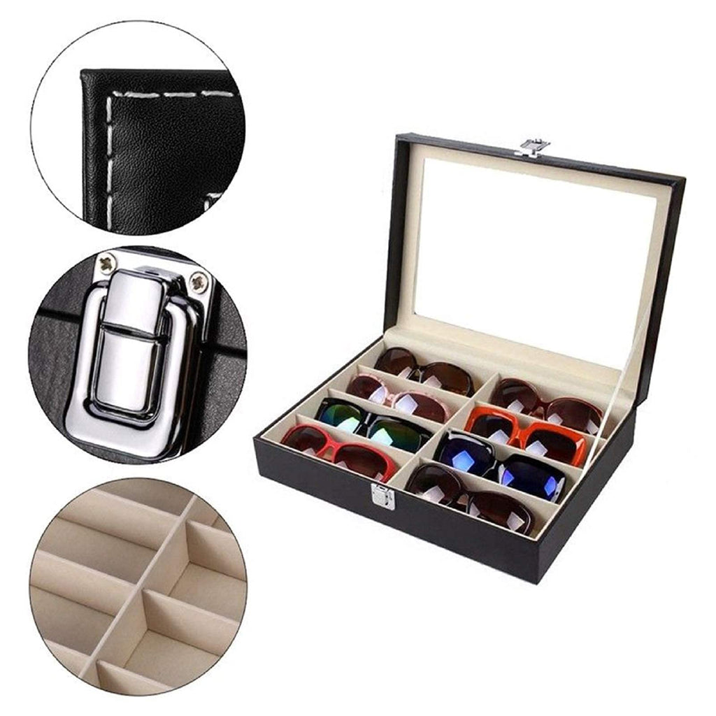 Premium Brillenbox mit 8 Fächern – Eleganter Organizer aus PU-Leder mit Sichtfenster