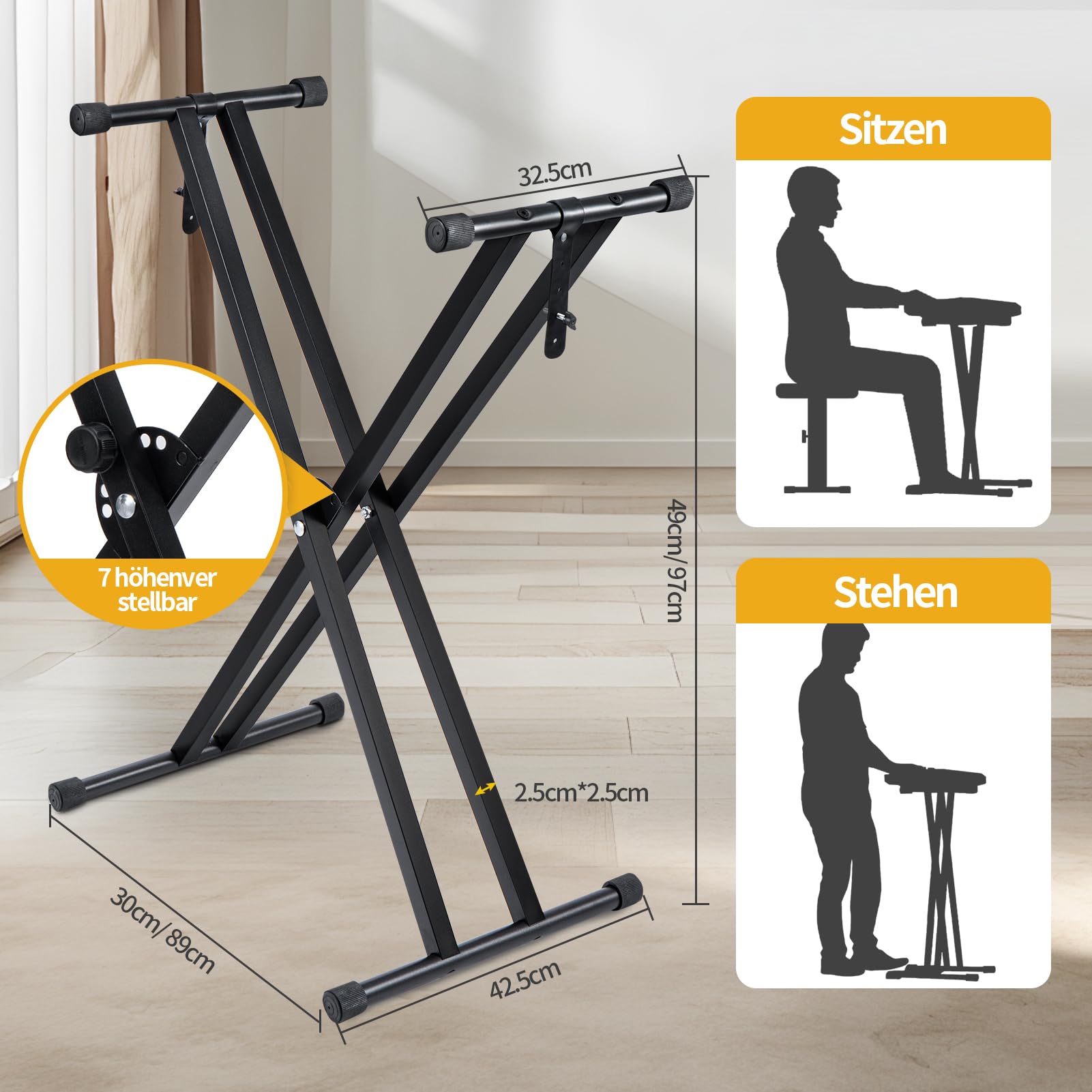 Profi Keyboardständer Doppelstrebig – Höhenverstellbar (61–98 cm) & Klappbar mit Sicherheitsriemen