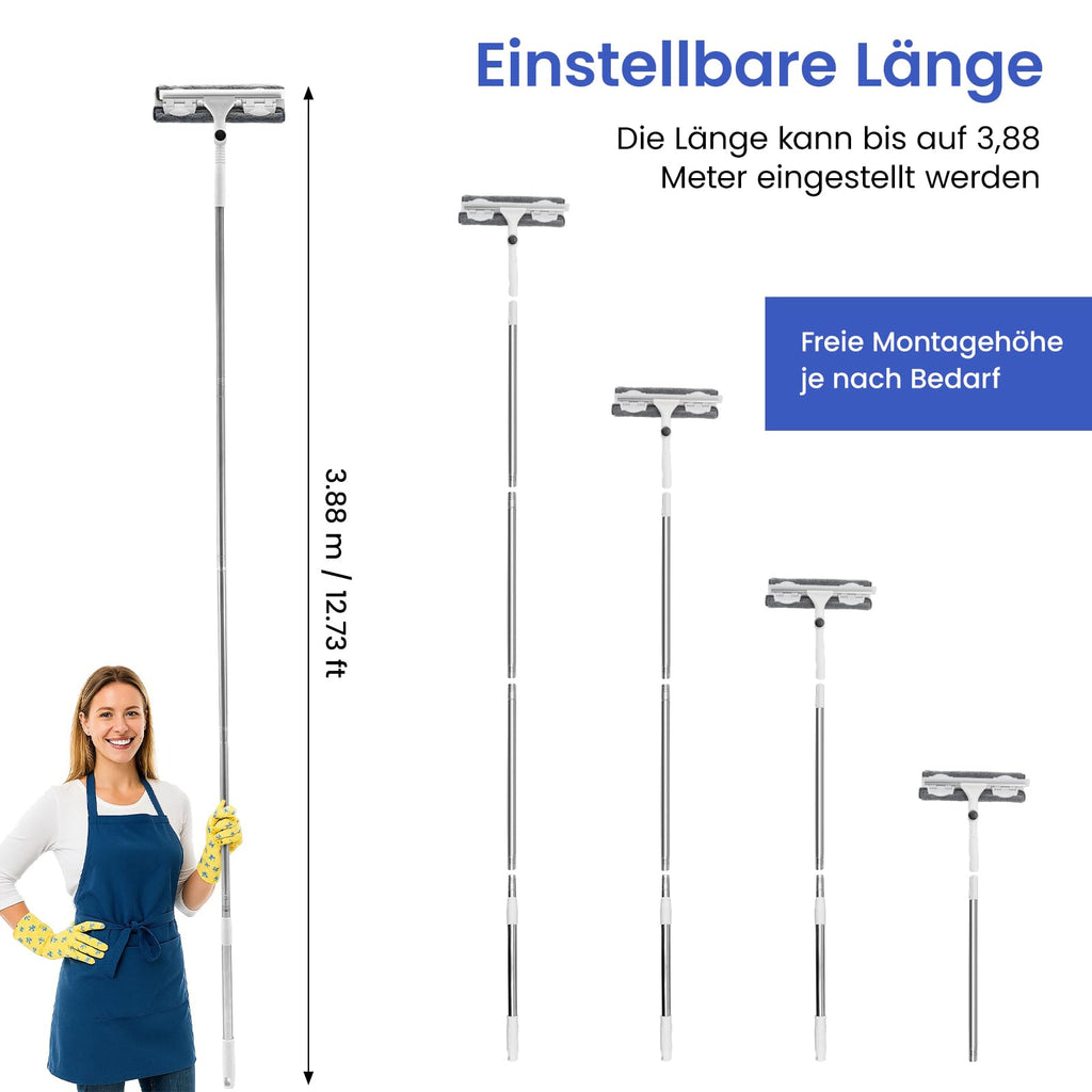 Profi Teleskop-Fensterwischer Set (3,7 m) – 3-in-1 Reinigungsset mit 180° Gelenk für hohe Fenster