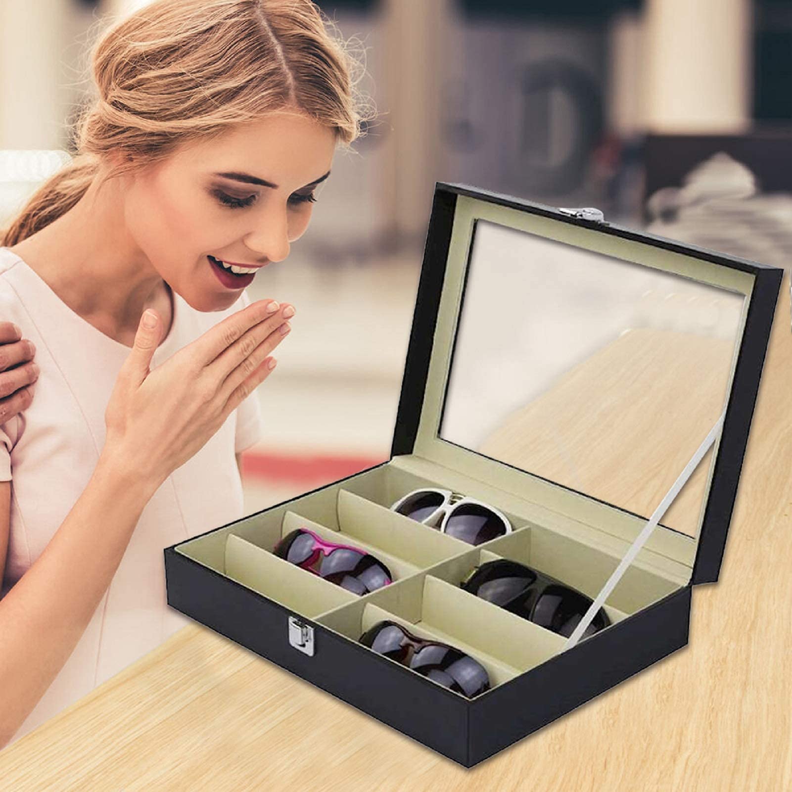 Premium Brillenbox mit 8 Fächern – Eleganter Organizer aus PU-Leder mit Sichtfenster