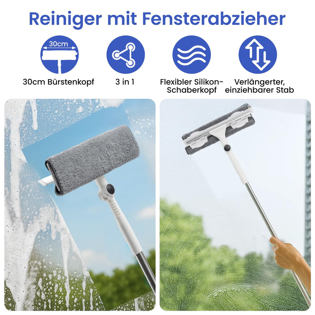 Profi Teleskop-Fensterwischer Set (3,7 m) – 3-in-1 Reinigungsset mit 180° Gelenk für hohe Fenster