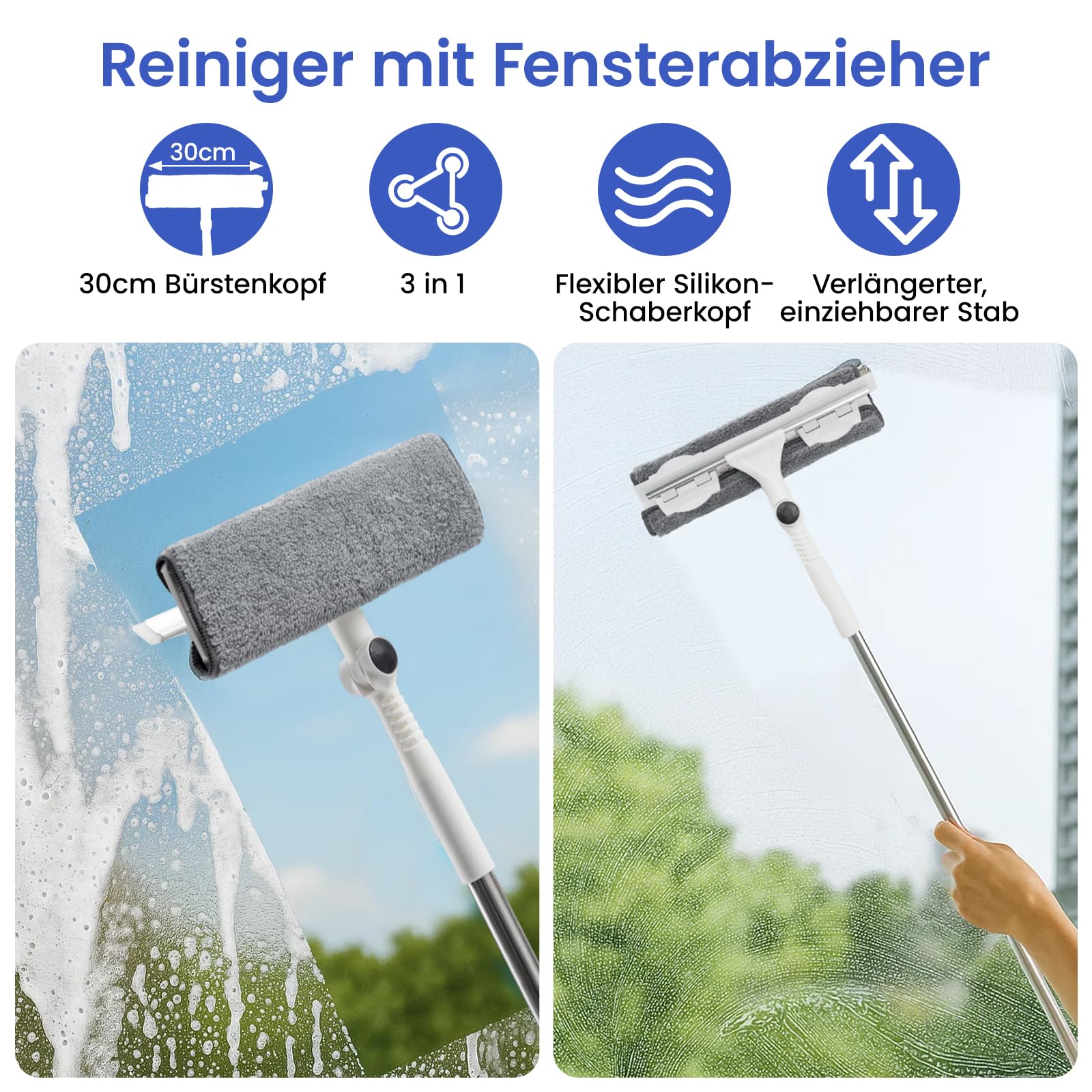 Profi Teleskop-Fensterwischer Set (3,7 m) – 3-in-1 Reinigungsset mit 180° Gelenk für hohe Fenster